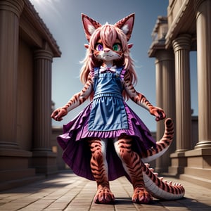 ((((full body)))), A majestic loli dragon neko stands before us. Her dark-scaled skin glistens in the soft, warm light, as if infused with an inner glow. Feline features are prominent - cat ears perked up and a long, fluffy tail extending from her posterior. A Lolita dress of mixed red, pink, and black patterns wraps around her slender form, creating a striking contrast against her dark scales. The overall composition is framed by a subtle gradient of blues and purples in the background, subtly evoking a sense of mystique and wonder.,green reptile hands,Monster girl,Dragon girl,furry,furry female,body fur,animal ear fluff,animal ears,fang