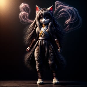 ((((full body)))),kunoichi, neko, girl, fur body, dark color fur, fluffy fur, pointy cat ears, long curly cat ears, absurdly long cherry hair, black eyes, smoke fur,cateyes, shuriken