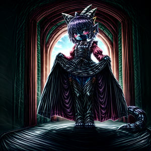 ((((full body)))), A majestic loli dragon neko stands before us. Her dark-scaled skin glistens in the soft, warm light, as if infused with an inner glow. Feline features are prominent - cat ears perked up and a long, fluffy tail extending from her posterior. A Lolita dress of mixed red, pink, and black patterns wraps around her slender form, creating a striking contrast against her dark scales. The overall composition is framed by a subtle gradient of blues and purples in the background, subtly evoking a sense of mystique and wonder.,green reptile hands,Monster girl,Dragon girl