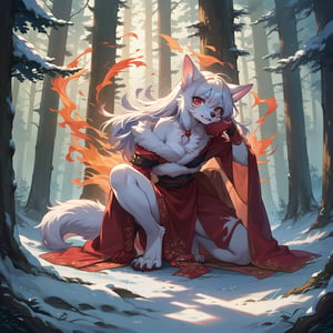 A wolf girl posing in a snowy forest clearing, surrounded by tall trees and a hint of mist. Her white fur glistens under the soft, warm lighting, with her wolf ears perked up and red eyes gleaming with a fierce intensity. She sits confidently, her long white tail wrapped around her legs like a symbol of power. The camera captures her from a slight angle, emphasizing her striking features and the textures of her fur. Anime-style artistry shines through in the stylized design and vibrant colors.,score_9,score_8_up,score_7_up,source_anime,BREAK,furry