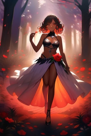 In a mystical forest bathed in soft, ethereal light, a headless young woman with long silver curly hair and striking red eyes poses eerily beautiful. Her dark skin glistens as she holds her own dissevered head in one hand, surrounded by intricate black bikini armor adorned with vibrant red flower accents that seem to pulsate with an otherworldly energy. The flowers' delicate petals and stems are textured with lifelike detail, contrasting stunningly against her dark skin tone. ((full body))