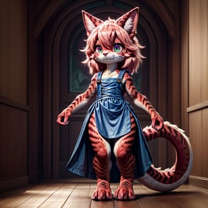 ((((full body)))), A majestic loli dragon neko stands before us. Her dark-scaled skin glistens in the soft, warm light, as if infused with an inner glow. Feline features are prominent - cat ears perked up and a long, fluffy tail extending from her posterior. A Lolita dress of mixed red, pink, and black patterns wraps around her slender form, creating a striking contrast against her dark scales. The overall composition is framed by a subtle gradient of blues and purples in the background, subtly evoking a sense of mystique and wonder.,green reptile hands,Monster girl,Dragon girl,furry,furry female,body fur,animal ear fluff,animal ears,fang