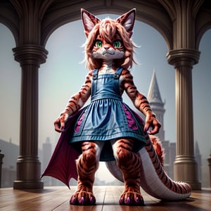 ((((full body)))), A majestic loli dragon neko stands before us. Her dark-scaled skin glistens in the soft, warm light, as if infused with an inner glow. Feline features are prominent - cat ears perked up and a long, fluffy tail extending from her posterior. A Lolita dress of mixed red, pink, and black patterns wraps around her slender form, creating a striking contrast against her dark scales. The overall composition is framed by a subtle gradient of blues and purples in the background, subtly evoking a sense of mystique and wonder.,green reptile hands,Monster girl,Dragon girl,furry,furry female,body fur,animal ear fluff,animal ears,fang