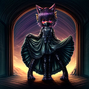 ((((full body)))), A majestic loli dragon neko stands before us. Her dark-scaled skin glistens in the soft, warm light, as if infused with an inner glow. Feline features are prominent - cat ears perked up and a long, fluffy tail extending from her posterior. A Lolita dress of mixed red, pink, and black patterns wraps around her slender form, creating a striking contrast against her dark scales. The overall composition is framed by a subtle gradient of blues and purples in the background, subtly evoking a sense of mystique and wonder.,green reptile hands,Monster girl,Dragon girl