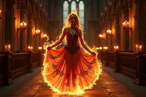 Imagine a gothic-inspired ritual where a girl composed of flames performs a dance in an old, gothic chapel. Her fiery dress and intricate, dark patterns create an enchanting contrast against the dim, candlelit surroundings.,photorealistic