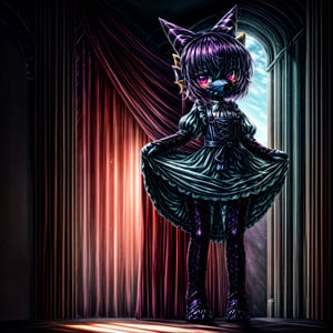 ((((full body)))), A majestic loli dragon neko stands before us. Her dark-scaled skin glistens in the soft, warm light, as if infused with an inner glow. Feline features are prominent - cat ears perked up and a long, fluffy tail extending from her posterior. A Lolita dress of mixed red, pink, and black patterns wraps around her slender form, creating a striking contrast against her dark scales. The overall composition is framed by a subtle gradient of blues and purples in the background, subtly evoking a sense of mystique and wonder.,green reptile hands,Monster girl,Dragon girl