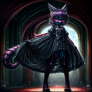 ((((full body)))), A majestic loli dragon neko stands before us. Her dark-scaled skin glistens in the soft, warm light, as if infused with an inner glow. Feline features are prominent - cat ears perked up and a long, fluffy tail extending from her posterior. A Lolita dress of mixed red, pink, and black patterns wraps around her slender form, creating a striking contrast against her dark scales. The overall composition is framed by a subtle gradient of blues and purples in the background, subtly evoking a sense of mystique and wonder.,green reptile hands,Monster girl,Dragon girl