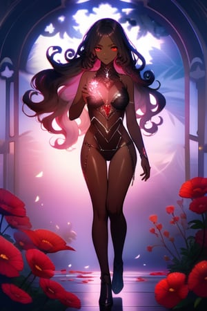 In a mystical forest bathed in soft, ethereal light, a headless young woman with long silver curly hair and striking red eyes poses eerily beautiful. Her dark skin glistens as she holds her own severed head in one hand, surrounded by intricate black bikini armor adorned with vibrant red flower accents that seem to pulsate with an otherworldly energy. The flowers' delicate petals and stems are textured with lifelike detail, contrasting stunningly against her dark skin tone. ((full body))