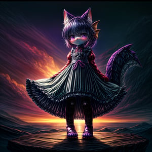 ((((full body)))), A majestic loli dragon neko stands before us. Her dark-scaled skin glistens in the soft, warm light, as if infused with an inner glow. Feline features are prominent - cat ears perked up and a long, fluffy tail extending from her posterior. A Lolita dress of mixed red, pink, and black patterns wraps around her slender form, creating a striking contrast against her dark scales. The overall composition is framed by a subtle gradient of blues and purples in the background, subtly evoking a sense of mystique and wonder.,green reptile hands,Monster girl,Dragon girl