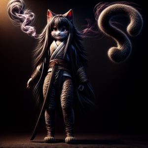 ((((full body)))),kunoichi, neko, girl, fur body, dark color fur, fluffy fur, pointy cat ears, long curly cat ears, absurdly long cherry hair, black eyes, smoke fur, cateyes, holding a katana in the right hand 