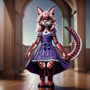 ((((full body)))), A majestic loli dragon neko stands before us. Her dark-scaled skin glistens in the soft, warm light, as if infused with an inner glow. Feline features are prominent - cat ears perked up and a long, fluffy tail extending from her posterior. A Lolita dress of mixed red, pink, and black patterns wraps around her slender form, creating a striking contrast against her dark scales. The overall composition is framed by a subtle gradient of blues and purples in the background, subtly evoking a sense of mystique and wonder.,green reptile hands,Monster girl,Dragon girl,furry,furry female,body fur,animal ear fluff,animal ears,fang