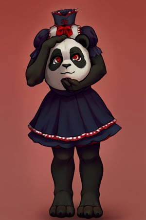 ((Full body)),panda girl,lolita fashion,red eyes,DisembodiedHead,holding head,headless,paws,Detailedface