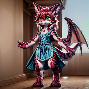 ((((full body)))), A majestic loli dragon neko stands before us. Her dark-scaled skin glistens in the soft, warm light, as if infused with an inner glow. Feline features are prominent - cat ears perked up and a long, fluffy tail extending from her posterior. A Lolita dress of mixed red, pink, and black patterns wraps around her slender form, creating a striking contrast against her dark scales. The overall composition is framed by a subtle gradient of blues and purples in the background, subtly evoking a sense of mystique and wonder.,green reptile hands,Monster girl,Dragon girl,furry,furry female,body fur,animal ear fluff,animal ears,fang