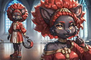 A full-body illustration of a young girl with cat ears and a long, bushy cat tail, featuring reddish-black fur. She has a large, vibrant afro styled in red hair, complemented by black fingernails and black toenails. The girl is dressed in a unique habit suitable for church, showcasing intricate details. The artwork should present multiple views to highlight her playful demeanor and the texture of her fur skin, capturing both her feline traits and youthful charm,score_9,ssource_furry,furry,anthro,detailed fur,body fur,tuft,fluffy