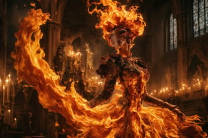 **The Flame's Embrace:** Imagine a gothic-inspired ritual where a girl composed of flames performs a dance in an old, gothic chapel. Her fiery dress and intricate, dark patterns create an enchanting contrast against the dim, candlelit surroundings.,Details,Skin texture,Details,Skin texture,Details,Skin texture,Details,Skin texture,Details,Skin texture 