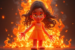 A fiery inferno engulfs the frame as a mesmerizing little girl's body is sculpted from blazing flames. Her porcelain-like skin glows with an ethereal warmth, as if kissed by the divine. Golden hues dance across her features, casting a radiant glow on the darkened surroundings. Full-body shot captures the fluid, fiery form, with tendrils of flame curling around her tiny hands and toes.,cartoon art