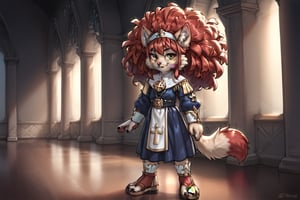 A young girl, sporting a vibrant afro and bright red locks, poses confidently with a bold smile. Her reddish-black fur and cat-like ears add a whimsical touch to her overall appearance. A habit adorns her waist, while black fingernails and toenails complete her striking look. She stands in front of a church backdrop, fully framed from head to toe, bathed in warm golden lighting that accentuates the rich colors of her fur and skin.,score_9,ssource_furry,furry,anthro,detailed fur,body fur,tuft,fluffy