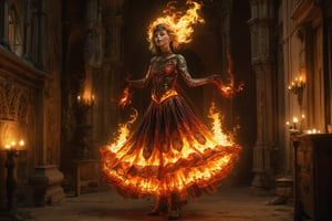 **The Flame's Embrace:** Imagine a gothic-inspired ritual where a girl composed of flames performs a dance in an old, gothic chapel. Her fiery dress and intricate, dark patterns create an enchanting contrast against the dim, candlelit surroundings.,Details,Skin texture,Details,Skin texture,Details,Skin texture,Details,Skin texture,Details,Skin texture,Details,Skin texture 