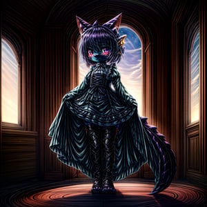 ((((full body)))), A majestic loli dragon neko stands before us. Her dark-scaled skin glistens in the soft, warm light, as if infused with an inner glow. Feline features are prominent - cat ears perked up and a long, fluffy tail extending from her posterior. A Lolita dress of mixed red, pink, and black patterns wraps around her slender form, creating a striking contrast against her dark scales. The overall composition is framed by a subtle gradient of blues and purples in the background, subtly evoking a sense of mystique and wonder.,green reptile hands,Monster girl,Dragon girl