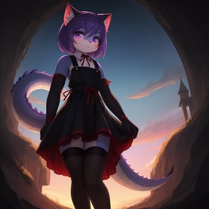 A majestic loli dragon neko stands before us. Her dark-scaled skin glistens in the soft, warm light, as if infused with an inner glow. Feline features are prominent - cat ears perked up and a long, fluffy tail extending from her posterior. A Lolita dress of mixed red, pink, and black patterns wraps around her slender form, creating a striking contrast against her dark scales. The overall composition is framed by a subtle gradient of blues and purples in the background, subtly evoking a sense of mystique and wonder.