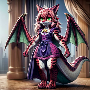 ((((full body)))), A majestic loli dragon neko stands before us. Her dark-scaled skin glistens in the soft, warm light, as if infused with an inner glow. Feline features are prominent - cat ears perked up and a long, fluffy tail extending from her posterior. A Lolita dress of mixed red, pink, and black patterns wraps around her slender form, creating a striking contrast against her dark scales. The overall composition is framed by a subtle gradient of blues and purples in the background, subtly evoking a sense of mystique and wonder.,green reptile hands,Monster girl,Dragon girl,furry,furry female,body fur,animal ear fluff,animal ears,fang