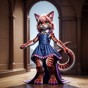 ((((full body)))), A majestic loli dragon neko stands before us. Her dark-scaled skin glistens in the soft, warm light, as if infused with an inner glow. Feline features are prominent - cat ears perked up and a long, fluffy tail extending from her posterior. A Lolita dress of mixed red, pink, and black patterns wraps around her slender form, creating a striking contrast against her dark scales. The overall composition is framed by a subtle gradient of blues and purples in the background, subtly evoking a sense of mystique and wonder.,green reptile hands,Monster girl,Dragon girl,furry,furry female,body fur,animal ear fluff,animal ears,fang