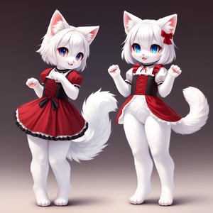 white neko girl, white cat ears, fluffy fur, fur body, white fur body, white fur, white fluffy cat tail, ((((full body)))), ((one tail)), two ears,cat eyes,split pupils, red gothic lolita, detail eyes