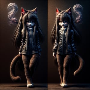 ((((full body)))),kunoichi, neko, girl, fur body, dark color fur, fluffy fur, pointy cat ears, long curly cat ears, absurdly long cherry hair, black eyes, smoke fur,cateyes