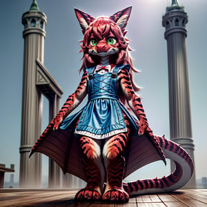 ((((full body)))), A majestic loli dragon neko stands before us. Her dark-scaled skin glistens in the soft, warm light, as if infused with an inner glow. Feline features are prominent - cat ears perked up and a long, fluffy tail extending from her posterior. A Lolita dress of mixed red, pink, and black patterns wraps around her slender form, creating a striking contrast against her dark scales. The overall composition is framed by a subtle gradient of blues and purples in the background, subtly evoking a sense of mystique and wonder.,green reptile hands,Monster girl,Dragon girl,furry,furry female,body fur,animal ear fluff,animal ears,fang