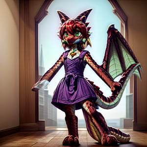 ((((full body)))), A majestic loli dragon neko stands before us. Her dark-scaled skin glistens in the soft, warm light, as if infused with an inner glow. Feline features are prominent - cat ears perked up and a long, fluffy tail extending from her posterior. A Lolita dress of mixed red, pink, and black patterns wraps around her slender form, creating a striking contrast against her dark scales. The overall composition is framed by a subtle gradient of blues and purples in the background, subtly evoking a sense of mystique and wonder.,green reptile hands,Monster girl,Dragon girl,furry,furry female,body fur,animal ear fluff,animal ears,fang