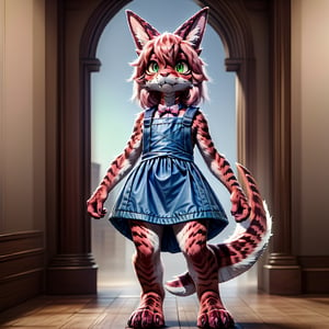 ((((full body)))), A majestic loli dragon neko stands before us. Her dark-scaled skin glistens in the soft, warm light, as if infused with an inner glow. Feline features are prominent - cat ears perked up and a long, fluffy tail extending from her posterior. A Lolita dress of mixed red, pink, and black patterns wraps around her slender form, creating a striking contrast against her dark scales. The overall composition is framed by a subtle gradient of blues and purples in the background, subtly evoking a sense of mystique and wonder.,green reptile hands,Monster girl,Dragon girl,furry,furry female,body fur,animal ear fluff,animal ears,fang