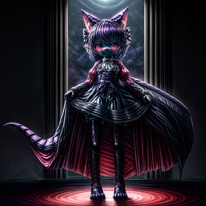 ((((full body)))), A majestic loli dragon neko stands before us. Her dark-scaled skin glistens in the soft, warm light, as if infused with an inner glow. Feline features are prominent - cat ears perked up and a long, fluffy tail extending from her posterior. A Lolita dress of mixed red, pink, and black patterns wraps around her slender form, creating a striking contrast against her dark scales. The overall composition is framed by a subtle gradient of blues and purples in the background, subtly evoking a sense of mystique and wonder.,green reptile hands,Monster girl,Dragon girl