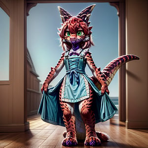 ((((full body)))), A majestic loli dragon neko stands before us. Her dark-scaled skin glistens in the soft, warm light, as if infused with an inner glow. Feline features are prominent - cat ears perked up and a long, fluffy tail extending from her posterior. A Lolita dress of mixed red, pink, and black patterns wraps around her slender form, creating a striking contrast against her dark scales. The overall composition is framed by a subtle gradient of blues and purples in the background, subtly evoking a sense of mystique and wonder.,green reptile hands,Monster girl,Dragon girl,furry,furry female,body fur,animal ear fluff,animal ears,fang