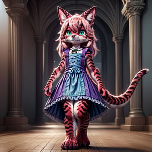 ((((full body)))), A majestic loli dragon neko stands before us. Her dark-scaled skin glistens in the soft, warm light, as if infused with an inner glow. Feline features are prominent - cat ears perked up and a long, fluffy tail extending from her posterior. A Lolita dress of mixed red, pink, and black patterns wraps around her slender form, creating a striking contrast against her dark scales. The overall composition is framed by a subtle gradient of blues and purples in the background, subtly evoking a sense of mystique and wonder.,green reptile hands,Monster girl,Dragon girl,furry,furry female,body fur,animal ear fluff,animal ears,fang