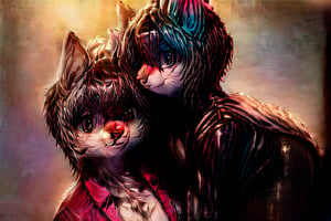 Full body,Two Neko girls in a vibrant fantasy setting, one with fur-covered features and a playful expression, engaging in a tender moment. The scene depicts the futa sister affectionately embracing her sibling, creating a warm atmosphere filled with love. Include a speech bubble that reads 'Love you, sis,' capturing their close bond. The background should feature whimsical elements like cherry blossom trees and soft pastel colors to enhance the overall affectionate,furry,furry female,body fur,animal ear fluff,animal ears,fang