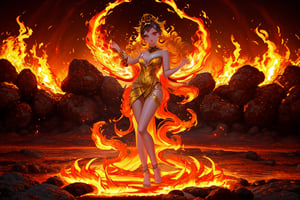 A fiery inferno engulfs the frame as a mesmerizing little girl's body is sculpted from blazing flames. Her porcelain-like skin glows with an ethereal warmth, as if kissed by the divine. Golden hues dance across her features, casting a radiant glow on the darkened surroundings. Full-body shot captures the fluid, fiery form, with tendrils of flame curling around her tiny hands and toes.,cartoon art