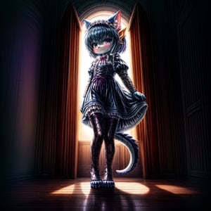 ((((full body)))), A majestic loli dragon neko stands before us. Her dark-scaled skin glistens in the soft, warm light, as if infused with an inner glow. Feline features are prominent - cat ears perked up and a long, fluffy tail extending from her posterior. A Lolita dress of mixed red, pink, and black patterns wraps around her slender form, creating a striking contrast against her dark scales. The overall composition is framed by a subtle gradient of blues and purples in the background, subtly evoking a sense of mystique and wonder.,green reptile hands,Monster girl,Dragon girl