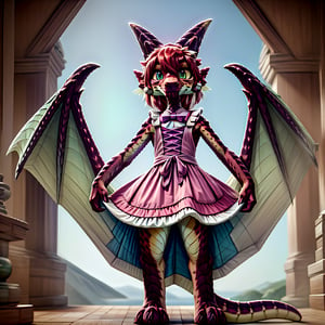 ((((full body)))), A majestic loli dragon neko stands before us. Her dark-scaled skin glistens in the soft, warm light, as if infused with an inner glow. Feline features are prominent - cat ears perked up and a long, fluffy tail extending from her posterior. A Lolita dress of mixed red, pink, and black patterns wraps around her slender form, creating a striking contrast against her dark scales. The overall composition is framed by a subtle gradient of blues and purples in the background, subtly evoking a sense of mystique and wonder.,green reptile hands,Monster girl,Dragon girl,furry,furry female,body fur,animal ear fluff,animal ears,fang