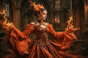 **The Flame's Embrace:** Imagine a gothic-inspired ritual where a girl composed of flames performs a dance in an old, gothic chapel. Her fiery dress and intricate, dark patterns create an enchanting contrast against the dim, candlelit surroundings.,Details,Skin texture,Details,Skin texture,Details,Skin texture,Details,Skin texture,Details,Skin texture,Details 