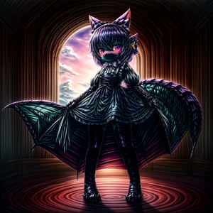 ((((full body)))), A majestic loli dragon neko stands before us. Her dark-scaled skin glistens in the soft, warm light, as if infused with an inner glow. Feline features are prominent - cat ears perked up and a long, fluffy tail extending from her posterior. A Lolita dress of mixed red, pink, and black patterns wraps around her slender form, creating a striking contrast against her dark scales. The overall composition is framed by a subtle gradient of blues and purples in the background, subtly evoking a sense of mystique and wonder.,green reptile hands,Monster girl,Dragon girl