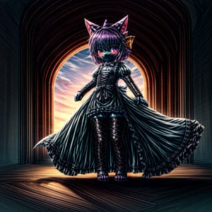 ((((full body)))), A majestic loli dragon neko stands before us. Her dark-scaled skin glistens in the soft, warm light, as if infused with an inner glow. Feline features are prominent - cat ears perked up and a long, fluffy tail extending from her posterior. A Lolita dress of mixed red, pink, and black patterns wraps around her slender form, creating a striking contrast against her dark scales. The overall composition is framed by a subtle gradient of blues and purples in the background, subtly evoking a sense of mystique and wonder.,green reptile hands,Monster girl,Dragon girl