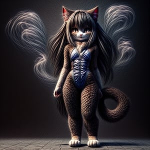 ((((full body)))),kunoichi, neko, girl, fur body, dark color fur, fluffy fur, pointy cat ears, long curly cat ears, absurdly long cherry hair, black eyes, smoke fur,cateyes, swimsuit 