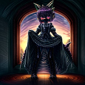 ((((full body)))), A majestic loli dragon neko stands before us. Her dark-scaled skin glistens in the soft, warm light, as if infused with an inner glow. Feline features are prominent - cat ears perked up and a long, fluffy tail extending from her posterior. A Lolita dress of mixed red, pink, and black patterns wraps around her slender form, creating a striking contrast against her dark scales. The overall composition is framed by a subtle gradient of blues and purples in the background, subtly evoking a sense of mystique and wonder.,green reptile hands,Monster girl,Dragon girl