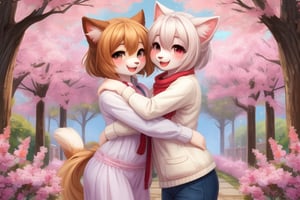 Full body,Two Neko girls in a vibrant fantasy setting, one with fur-covered features and a playful expression, engaging in a tender moment. The scene depicts the futa sister affectionately embracing her sibling, creating a warm atmosphere filled with love. Include a speech bubble that reads 'Love you, sis,' capturing their close bond. The background should feature whimsical elements like cherry blossom trees and soft pastel colors to enhance the overall affectionate