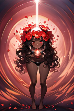 In a mystical forest bathed in soft, ethereal light, a headless young woman with long silver curly hair and striking red eyes poses eerily beautiful. Her dark skin glistens as she holds her own dissevered head in one hand, surrounded by intricate black bikini armor adorned with vibrant red flower accents that seem to pulsate with an otherworldly energy. The flowers' delicate petals and stems are textured with lifelike detail, contrasting stunningly against her dark skin tone. ((full body)),more detail XL