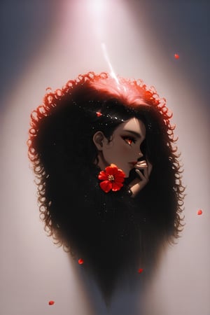 In a mystical forest bathed in soft, ethereal light, a headless young woman with long silver curly hair and striking red eyes poses eerily beautiful. Her dark skin glistens as she holds her own dissevered head in one hand, surrounded by intricate black bikini armor adorned with vibrant red flower accents that seem to pulsate with an otherworldly energy. The flowers' delicate petals and stems are textured with lifelike detail, contrasting stunningly against her dark skin tone. ((full body)),more detail XL,4esthet1c