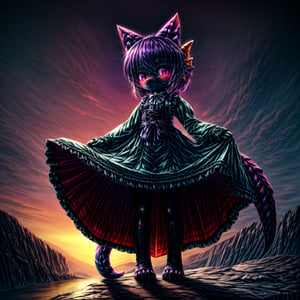 ((((full body)))), A majestic loli dragon neko stands before us. Her dark-scaled skin glistens in the soft, warm light, as if infused with an inner glow. Feline features are prominent - cat ears perked up and a long, fluffy tail extending from her posterior. A Lolita dress of mixed red, pink, and black patterns wraps around her slender form, creating a striking contrast against her dark scales. The overall composition is framed by a subtle gradient of blues and purples in the background, subtly evoking a sense of mystique and wonder.,green reptile hands,Monster girl,Dragon girl