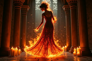 **The Flame's Embrace:** Imagine a gothic-inspired ritual where a girl composed of flames performs a dance in an old, gothic chapel. Her fiery dress and intricate, dark patterns create an enchanting contrast against the dim, candlelit surroundings.