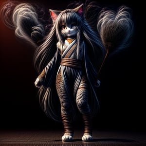 ((((full body)))),kunoichi, neko, girl, fur body, dark color fur, fluffy fur, pointy cat ears, long curly cat ears, absurdly long cherry hair, black eyes, smoke fur, cateyes, katana 