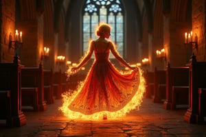 Imagine a gothic-inspired ritual where a girl composed of flames performs a dance in an old, gothic chapel. Her fiery dress and intricate, dark patterns create an enchanting contrast against the dim, candlelit surroundings.,photorealistic